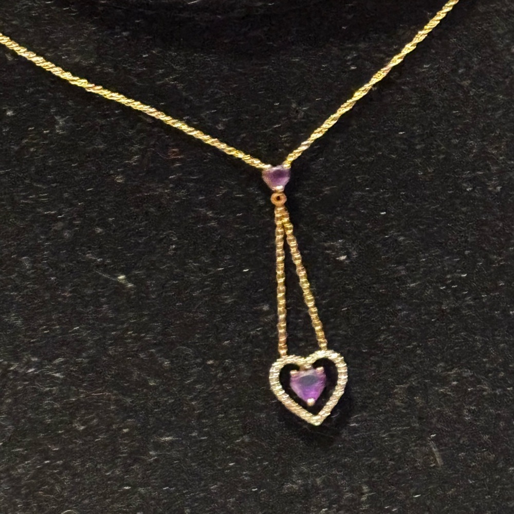 Unique Vintage 10k yellow  Gold and genuine Amethyst  diamonds Heart Necklace